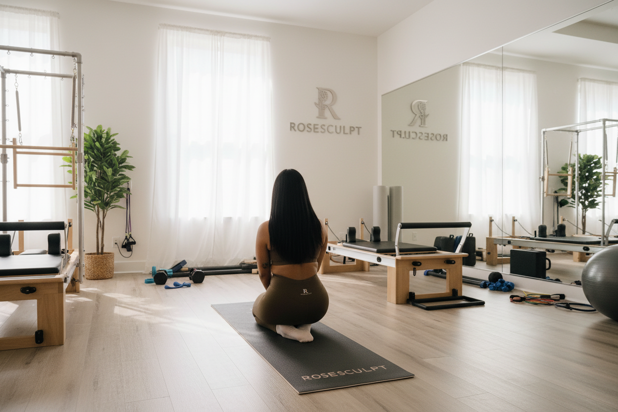 Woman in RoseSculpt athleisure wear in a Pilates studio, sculpting wardrobe guide